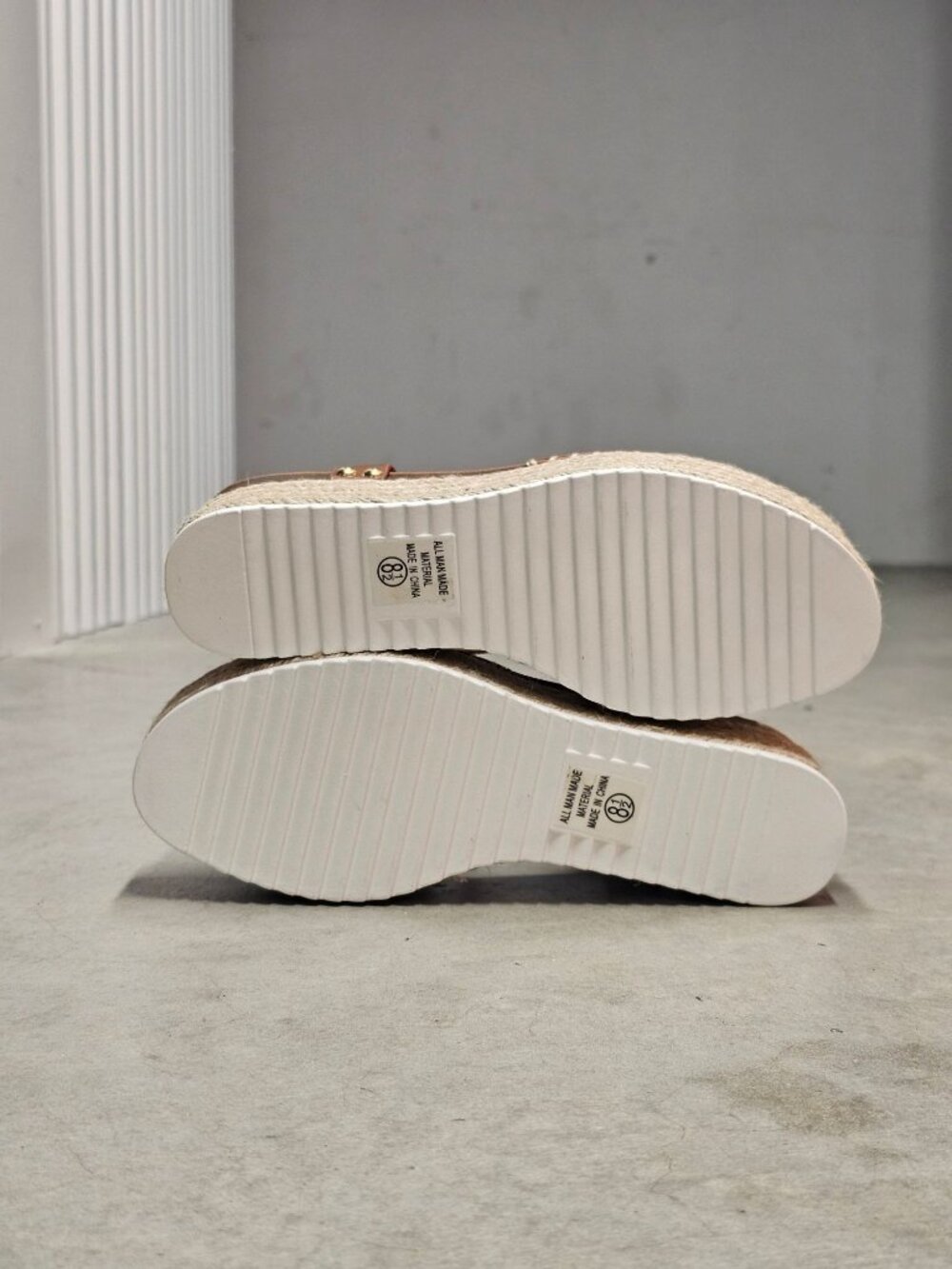 Tan Platform Espadrille Sandals With Buckle Strap Crisscross Upper & White Sole - Picture 7 of 16